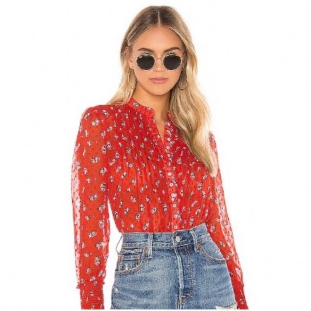 Free People Flowers in December red floral sheer button down top size Medium